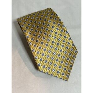 Jos. A. Bank Men's Tie 100% Silk Made In Italy Gold‎ With Blue Squares